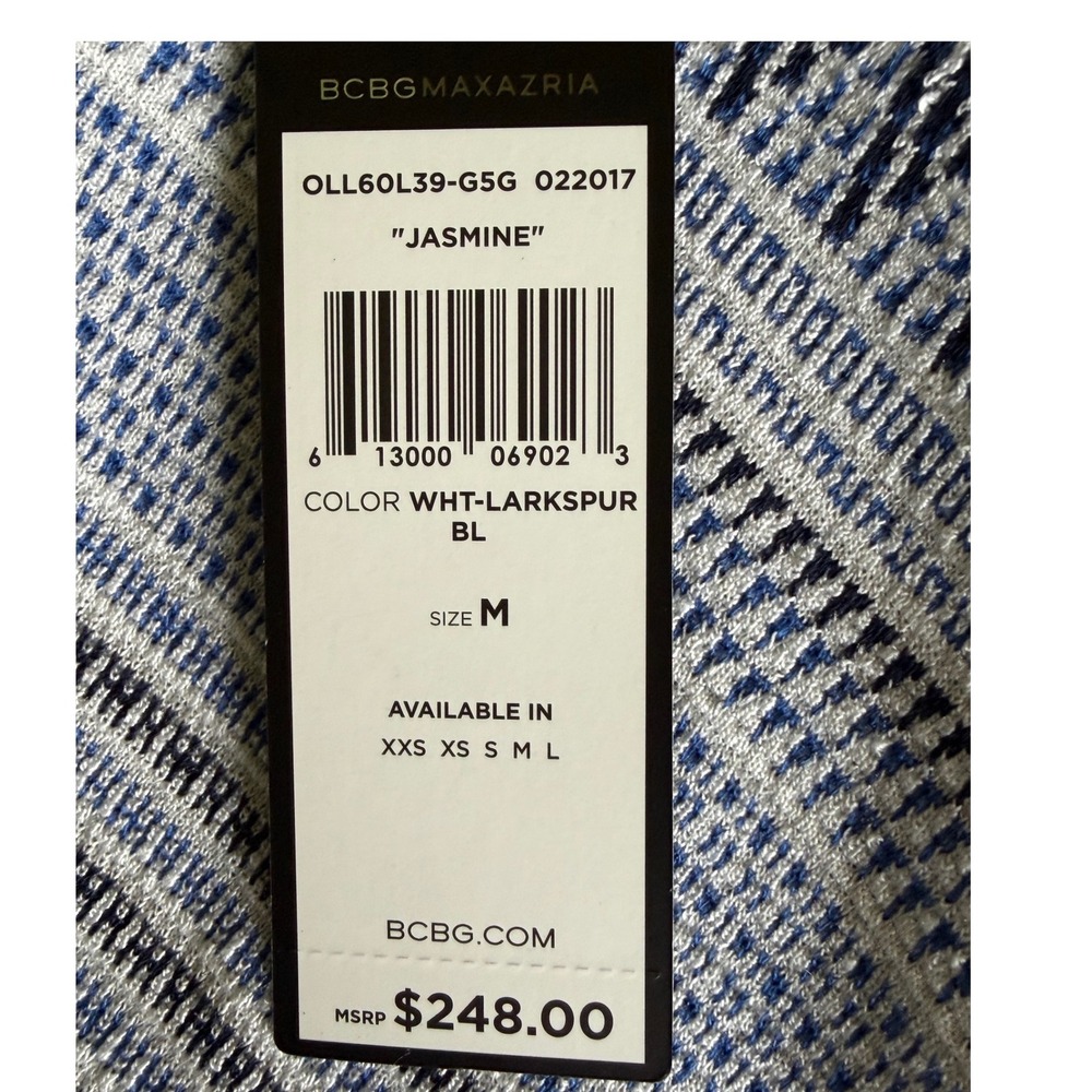 BCBGMAXAZRIA Jasmine Blue White Geometric Knit Fit & Flare Mini Dress Medium NWT - Picture 4 of 10